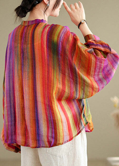 Y2K Rainbow Striped Linen Blouse - Retro 90s Grunge Batwing Sleeve Top for Summer Outfits