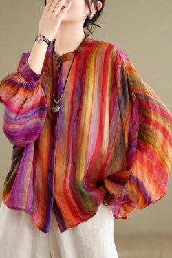 Y2K Rainbow Striped Linen Blouse - Retro 90s Grunge Batwing Sleeve Top for Summer Outfits