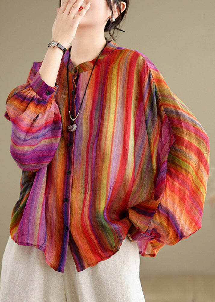 Y2K Rainbow Striped Linen Blouse - Retro 90s Grunge Batwing Sleeve Top for Summer Outfits