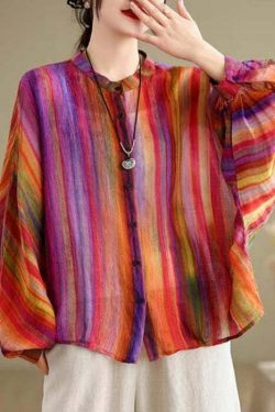 Y2K Rainbow Striped Linen Blouse - Retro 90s Grunge Batwing Sleeve Top for Summer Outfits