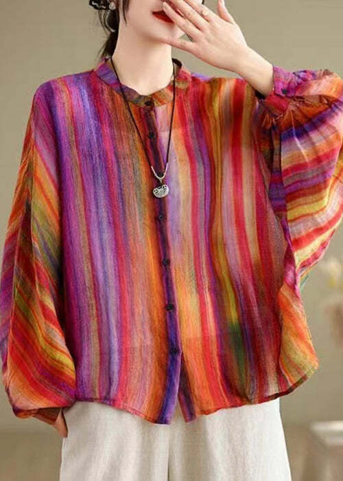 Y2K Rainbow Striped Linen Blouse - Retro 90s Grunge Batwing Sleeve Top for Summer Outfits