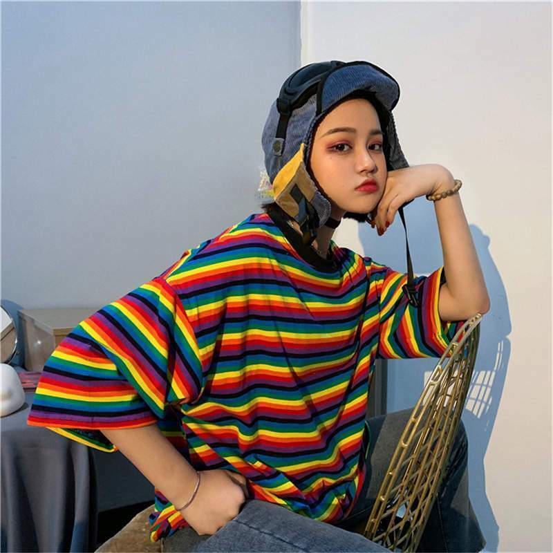 Y2K Rainbow Striped Shirt - 90s Grunge, Retro Summer Outfit, Y2K Club & Party Fashion