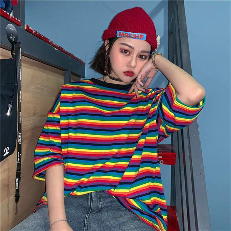 Y2K Rainbow Striped Shirt - 90s Grunge, Retro Summer Outfit, Y2K Club & Party Fashion
