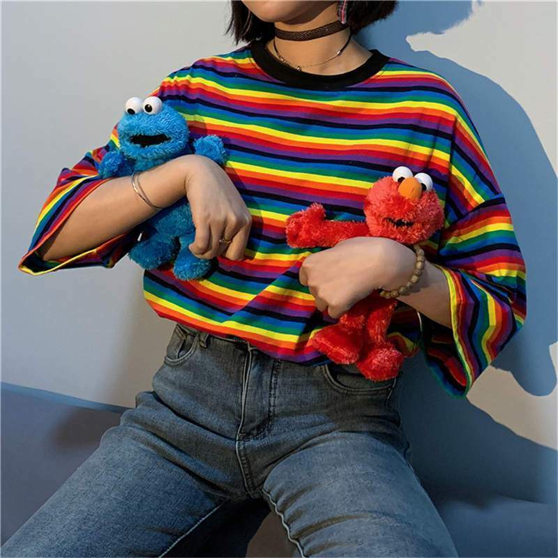 Y2K Rainbow Striped Shirt - 90s Grunge, Retro Summer Outfit, Y2K Club & Party Fashion