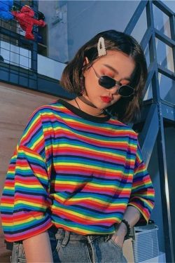 Y2K Rainbow Striped Shirt - 90s Grunge, Retro Summer Outfit, Y2K Club & Party Fashion