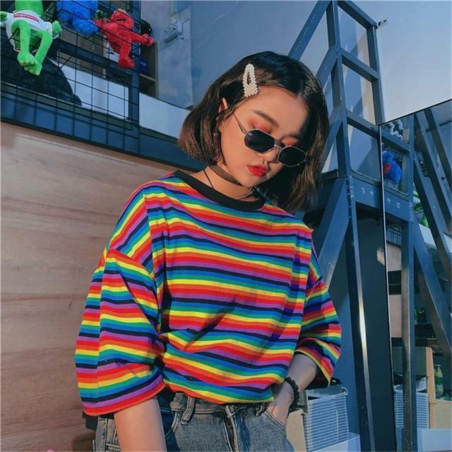 Y2K Rainbow Striped Shirt - 90s Grunge, Retro Summer Outfit, Y2K Club & Party Fashion