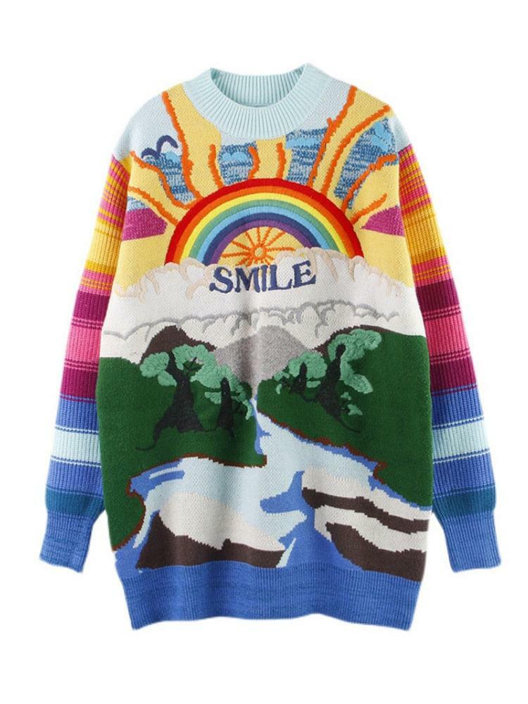 Y2K Rainbow Sunset Sweater - Retro 90s Grunge, Pastel Goth, Summer Y2K Fashion