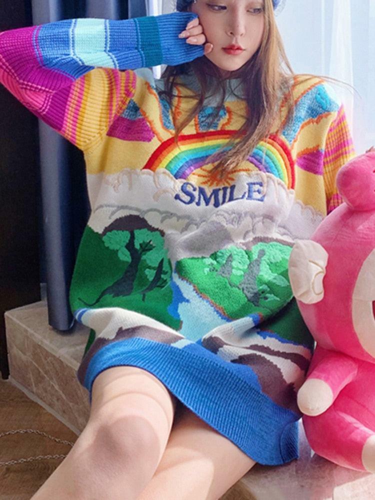 Y2K Rainbow Sunset Sweater - Retro 90s Grunge, Pastel Goth, Summer Y2K Fashion