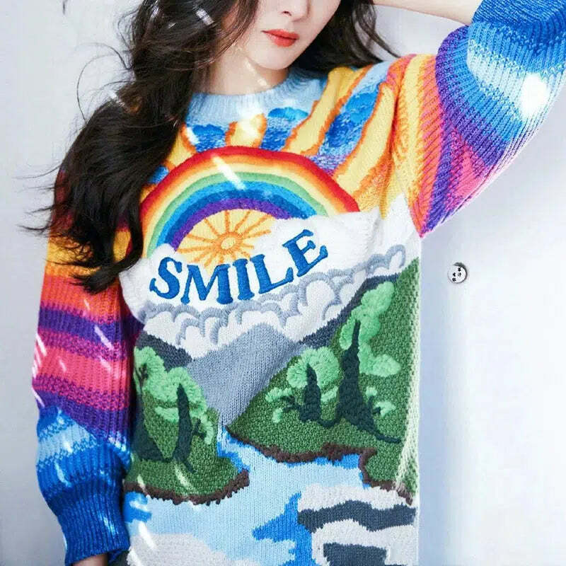 Y2K Rainbow Sunset Sweater - Retro 90s Grunge, Pastel Goth, Summer Y2K Fashion