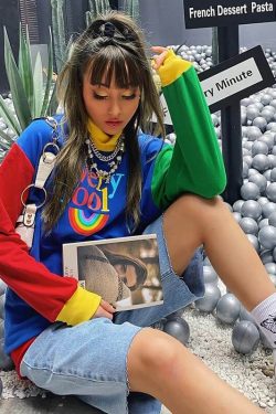 Y2K Rainbow Sweatshirt - Retro 90s Grunge, Summer Y2K Outfits, Pastel Goth, Y2K Club Fashion