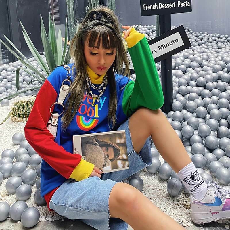 Y2K Rainbow Sweatshirt - Retro 90s Grunge, Summer Y2K Outfits, Pastel Goth, Y2K Club Fashion