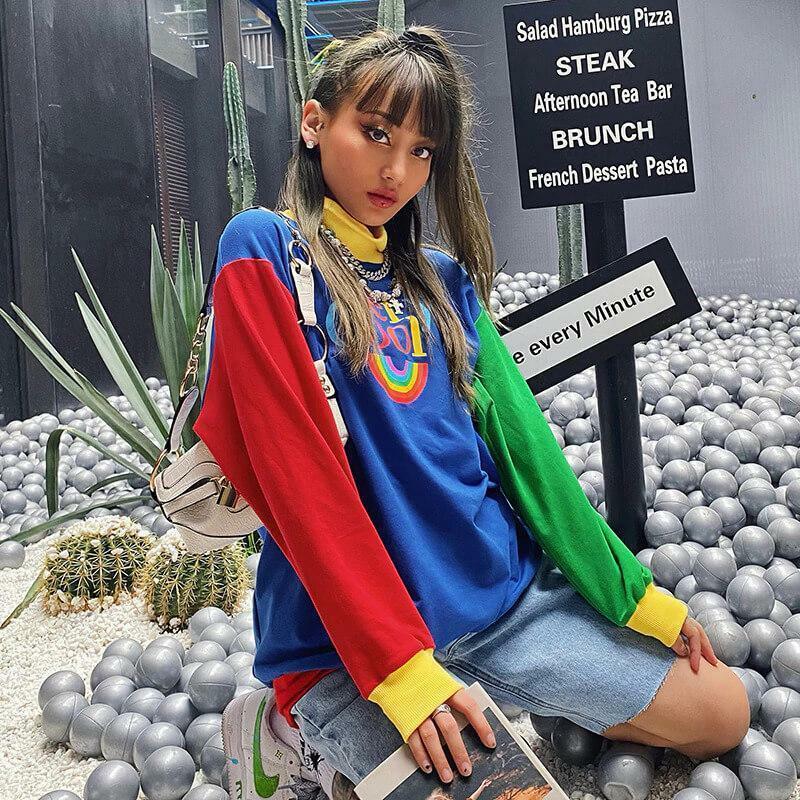 Y2K Rainbow Sweatshirt - Retro 90s Grunge, Summer Y2K Outfits, Pastel Goth, Y2K Club Fashion
