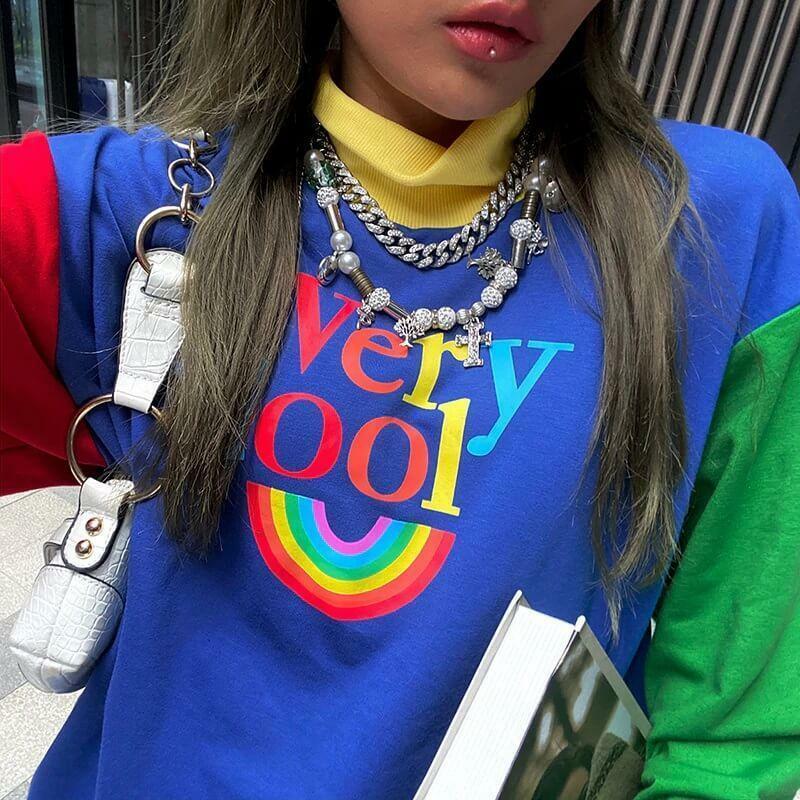 Y2K Rainbow Sweatshirt - Retro 90s Grunge, Summer Y2K Outfits, Pastel Goth, Y2K Club Fashion