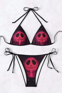 Y2K Red Tie Dye Goth Halter String Bikini Set - Retro 90s Grunge Summer Beach Outfit