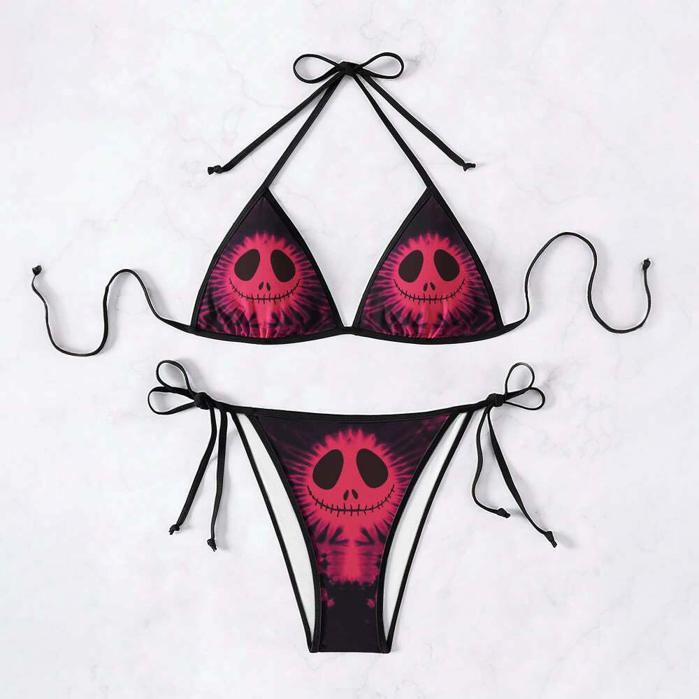 Y2K Red Tie Dye Goth Halter String Bikini Set - Retro 90s Grunge Summer Beach Outfit