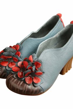 Y2K Retro Blue Cowhide Leather Chunky High Heels with Flower Splicing - 90s Grunge Style