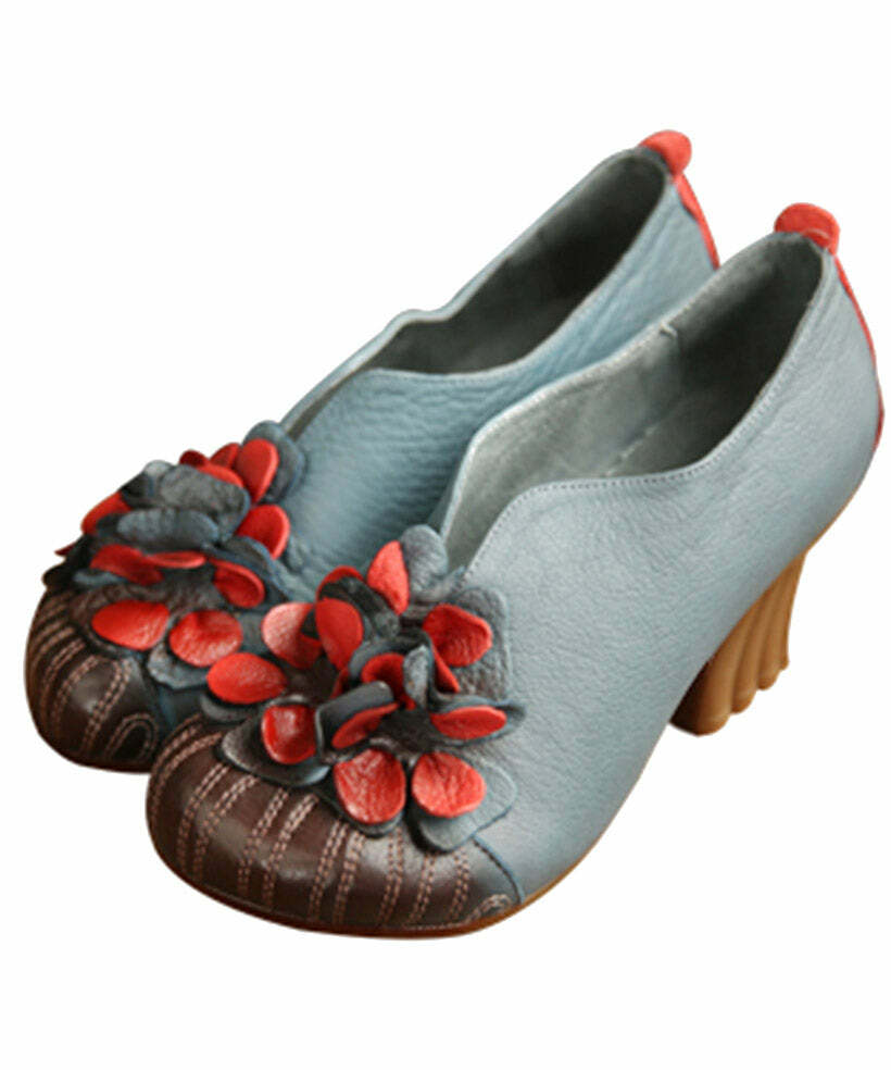 Y2K Retro Blue Cowhide Leather Chunky High Heels with Flower Splicing - 90s Grunge Style