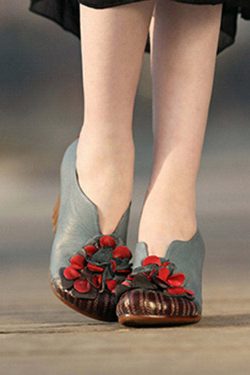 Y2K Retro Blue Cowhide Leather Chunky High Heels with Flower Splicing - 90s Grunge Style