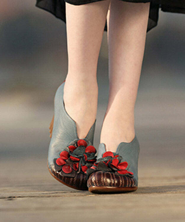 Y2K Retro Blue Cowhide Leather Chunky High Heels with Flower Splicing - 90s Grunge Style