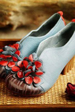 Y2K Retro Blue Cowhide Leather Chunky High Heels with Flower Splicing - 90s Grunge Style