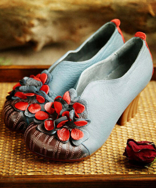 Y2K Retro Blue Cowhide Leather Chunky High Heels with Flower Splicing - 90s Grunge Style