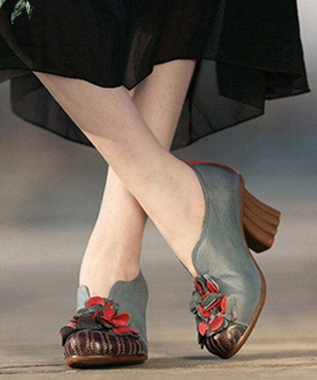 Y2K Retro Blue Cowhide Leather Chunky High Heels with Flower Splicing - 90s Grunge Style