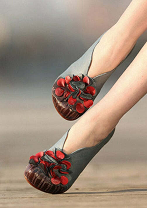 Y2K Retro Blue Cowhide Leather Chunky High Heels with Flower Splicing - 90s Grunge Style