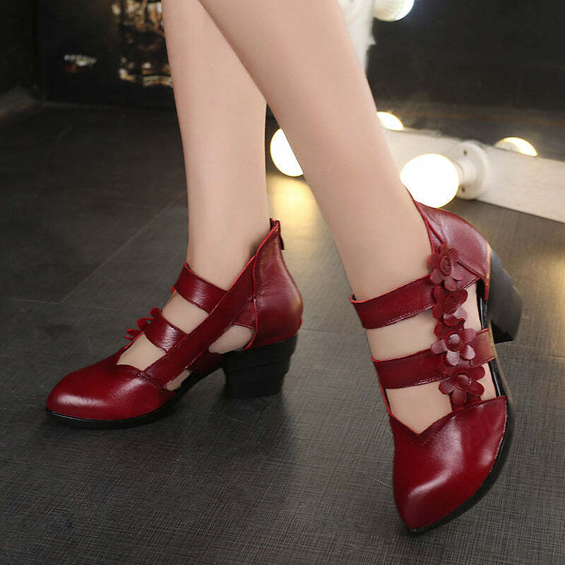 Y2K Retro Floral Leather Wedge Sandals - 90s Grunge Summer Y2K Fashion for Women
