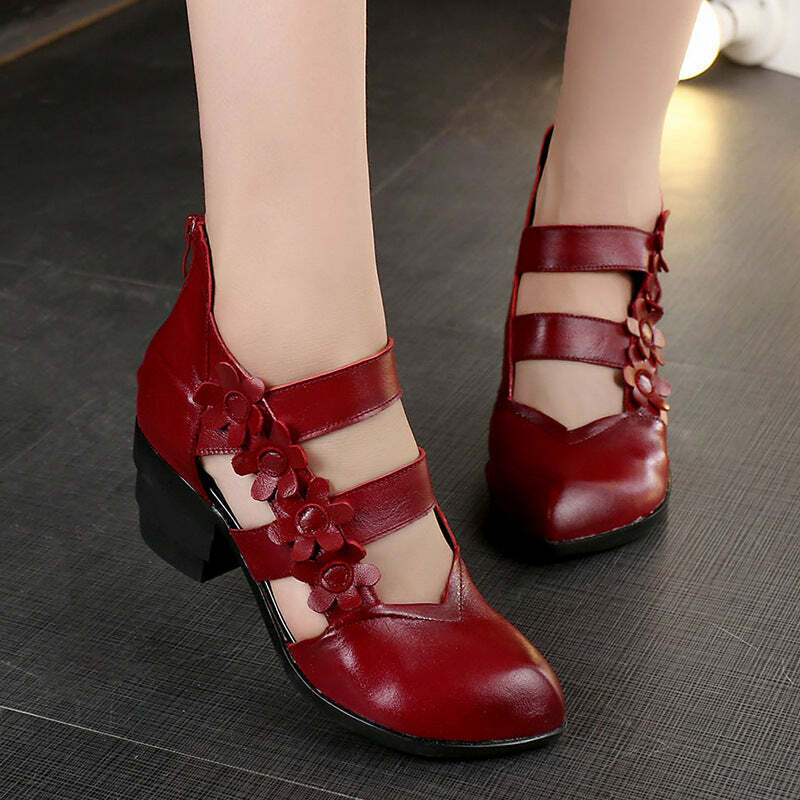 Y2K Retro Floral Leather Wedge Sandals - 90s Grunge Summer Y2K Fashion for Women