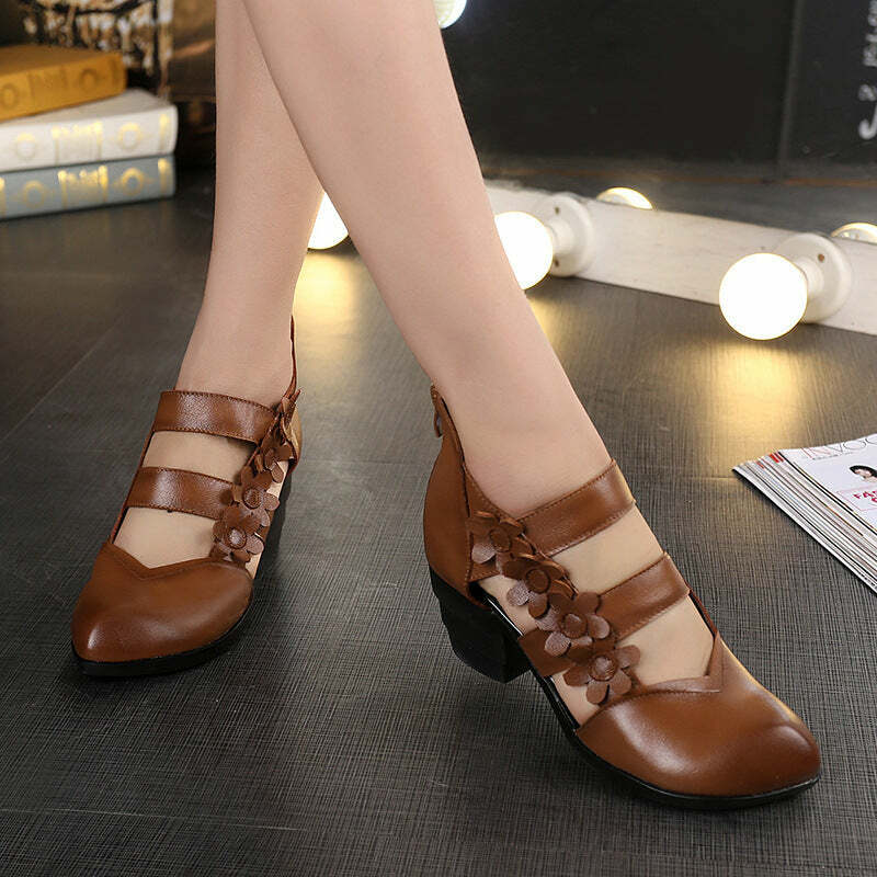 Y2K Retro Floral Leather Wedge Sandals - 90s Grunge Summer Y2K Fashion for Women