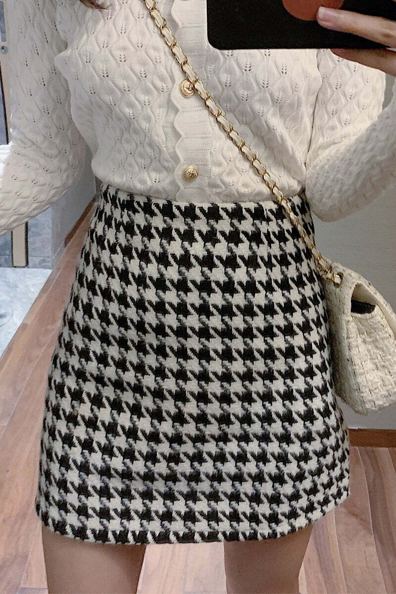 Y2K Retro Houndstooth Woolen Skirt - 90s Grunge, Y2K Summer, Pastel Goth, Y2