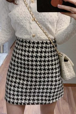 Y2K Retro Houndstooth Woolen Skirt - 90s Grunge, Y2K Summer, Pastel Goth, Y2
