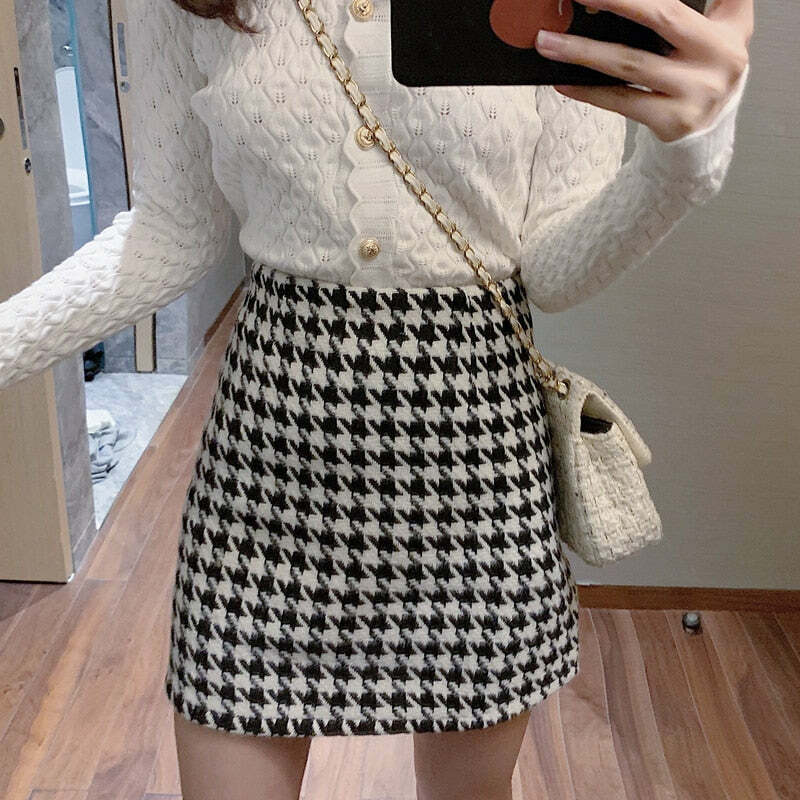 Y2K Retro Houndstooth Woolen Skirt - 90s Grunge, Y2K Summer, Pastel Goth, Y2