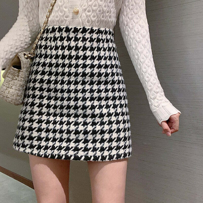 Y2K Retro Houndstooth Woolen Skirt - 90s Grunge, Y2K Summer, Pastel Goth, Y2