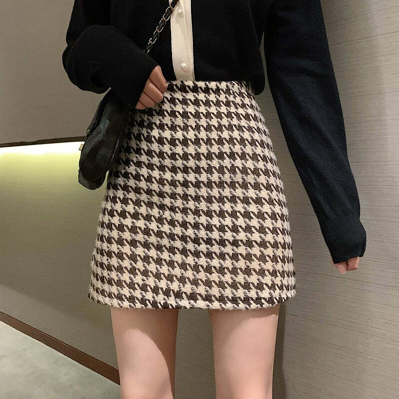 Y2K Retro Houndstooth Woolen Skirt - 90s Grunge, Y2K Summer, Pastel Goth, Y2