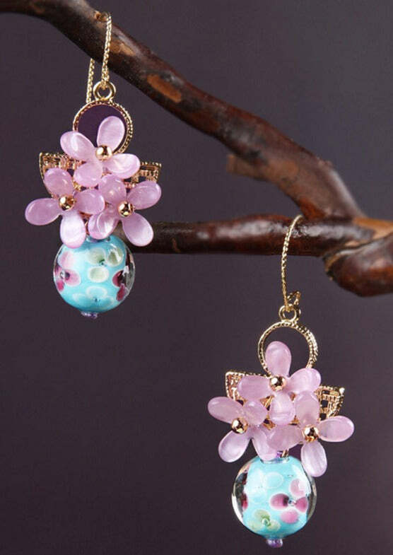Y2K Retro Light Purple 24K Gold Flower Drop Earrings - 90s Grunge, Pastel Goth, Y2K Fashion