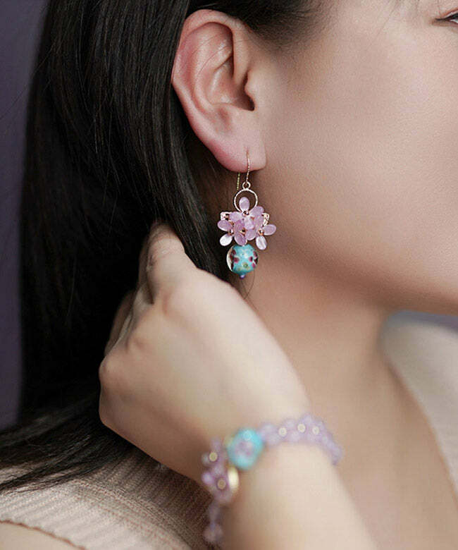 Y2K Retro Light Purple 24K Gold Flower Drop Earrings - 90s Grunge, Pastel Goth, Y2K Fashion