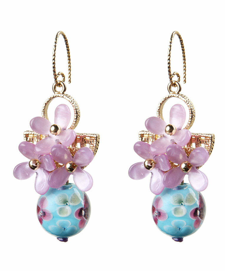 Y2K Retro Light Purple 24K Gold Flower Drop Earrings - 90s Grunge, Pastel Goth, Y2K Fashion