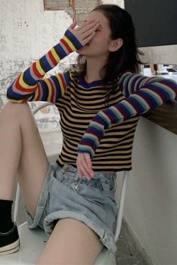 Y2K Retro Multi-Color Striped Shirt - 90s Grunge, Summer Outfits, Y2K Fashion, Pastel Goth