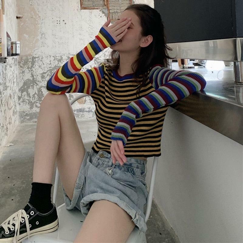 Y2K Retro Multi-Color Striped Shirt - 90s Grunge, Summer Outfits, Y2K Fashion, Pastel Goth