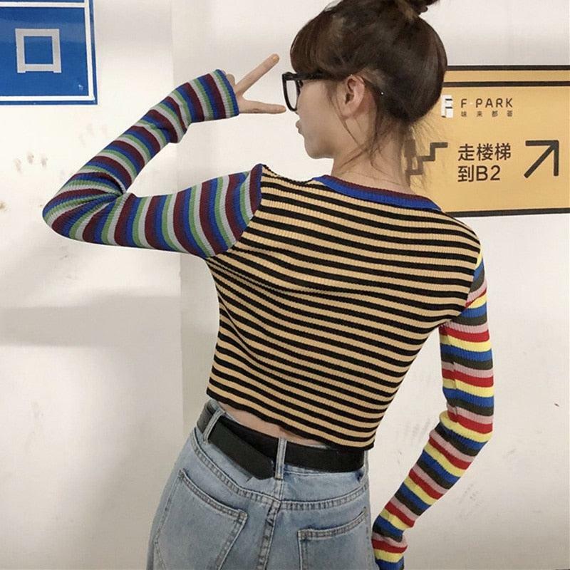 Y2K Retro Multi-Color Striped Shirt - 90s Grunge, Summer Outfits, Y2K Fashion, Pastel Goth