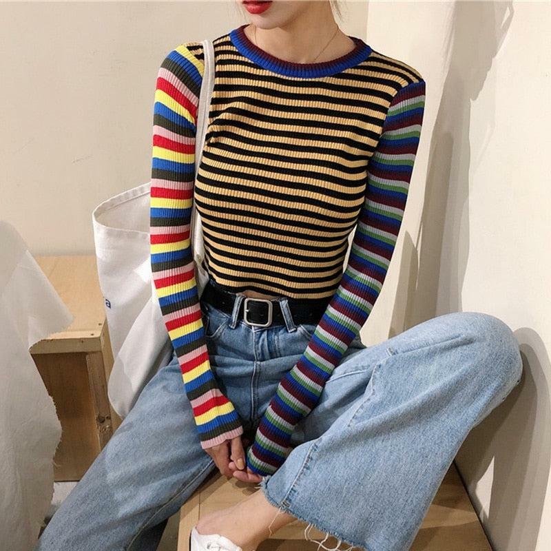 Y2K Retro Multi-Color Striped Shirt - 90s Grunge, Summer Outfits, Y2K Fashion, Pastel Goth
