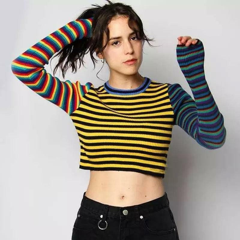Y2K Retro Multi-Color Striped Shirt - 90s Grunge, Summer Outfits, Y2K Fashion, Pastel Goth