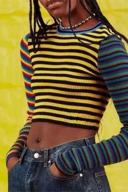 Y2K Retro Multi-Color Striped Shirt - 90s Grunge, Summer Outfits, Y2K Fashion, Pastel Goth