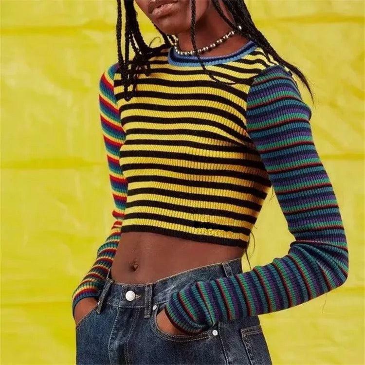 Y2K Retro Multi-Color Striped Shirt - 90s Grunge, Summer Outfits, Y2K Fashion, Pastel Goth