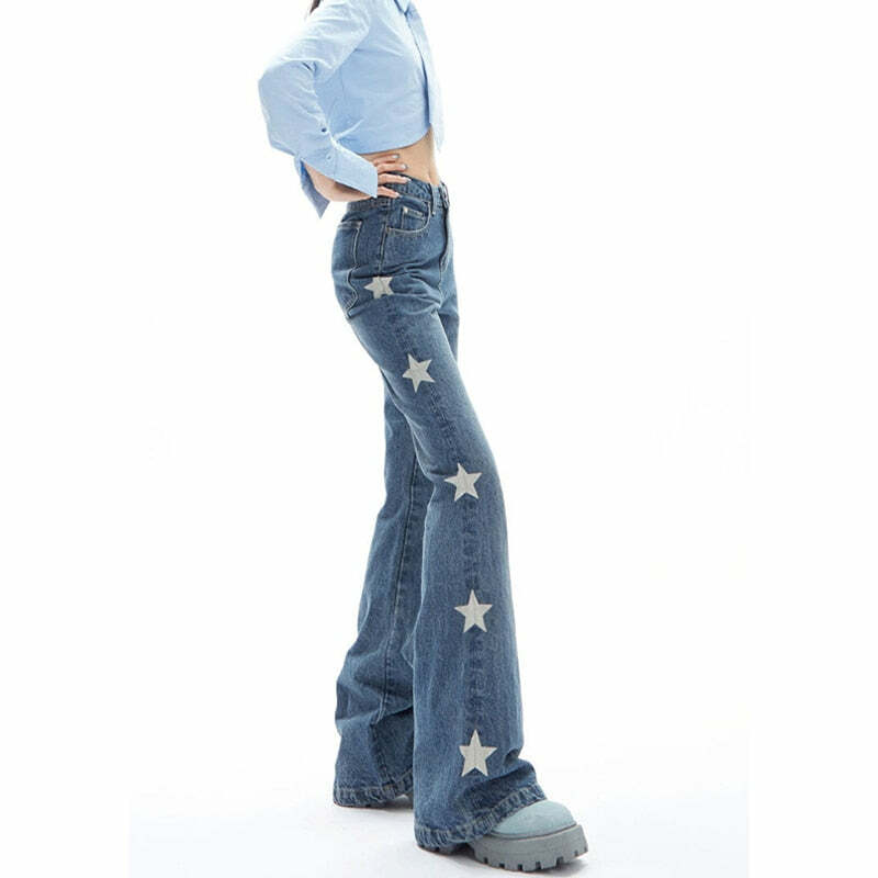 Y2K Retro Star Denim Flare Pants - 90s Grunge, Summer Outfits, Y2K Club & Party Fashion