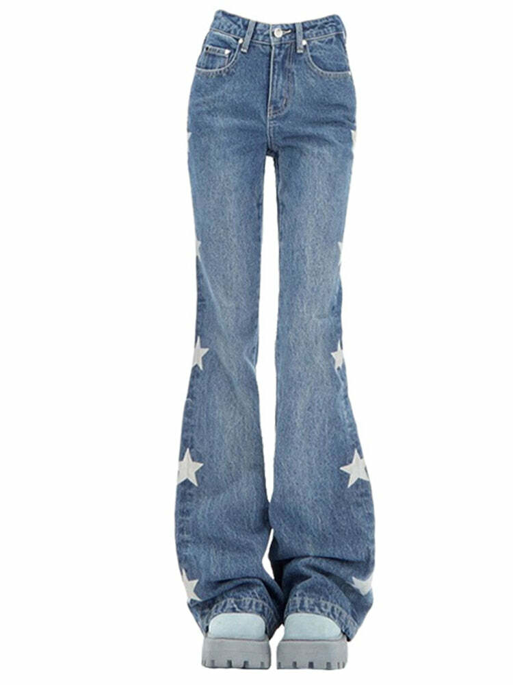 Y2K Retro Star Denim Flare Pants - 90s Grunge, Summer Outfits, Y2K Club & Party Fashion