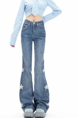 Y2K Retro Star Denim Flare Pants - 90s Grunge, Summer Outfits, Y2K Club & Party Fashion
