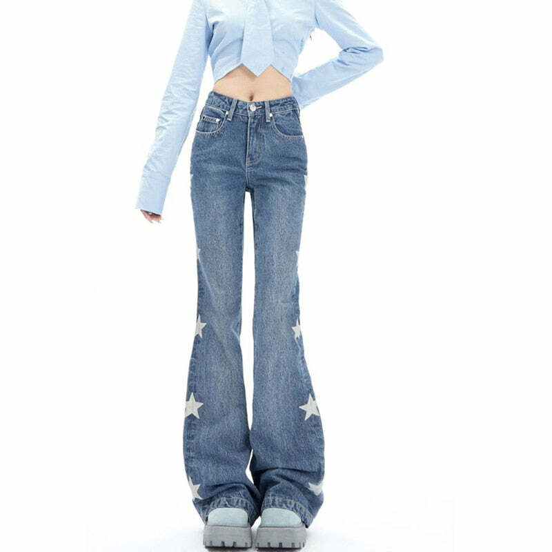 Y2K Retro Star Denim Flare Pants - 90s Grunge, Summer Outfits, Y2K Club & Party Fashion