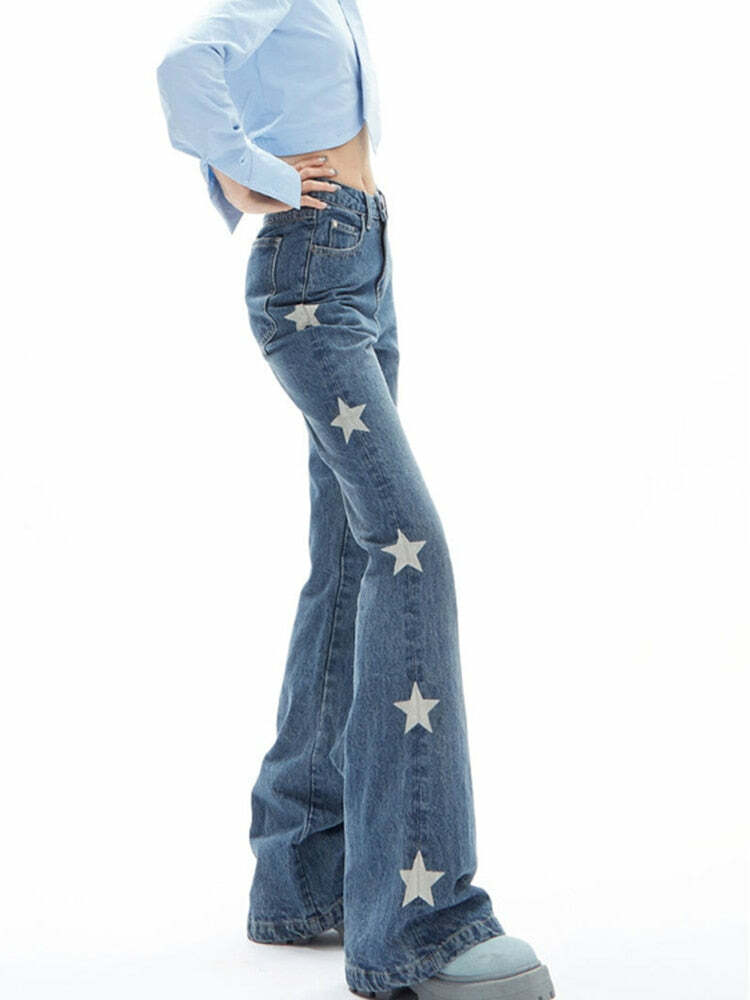 Y2K Retro Star Denim Flare Pants - 90s Grunge, Summer Outfits, Y2K Club & Party Fashion